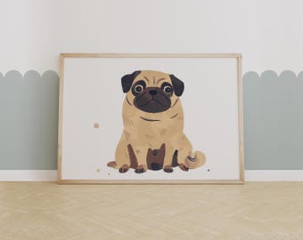 Adorable Pug Wall Art Print, Cute Dog Nursery Decor, Animal Illustration for Kids Room, Playroom or Baby Shower Gift