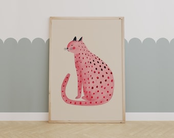 Rosa gefleckte Katze Kunstdruck, wunderliche Aquarell Katzen Illustration, verspielte Tier Wanddekoration, Pastell Katze Poster für Kinderzimmer oder Kinderzimmer