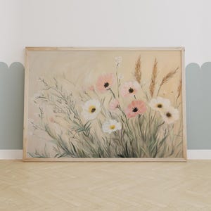 Impression florale douce sur le terrain - Art mural botanique pastel neutre, décoration de chambre à coucher Cottagecore