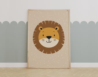 Cute Lion Face Wall Art - Safari Nursery Print, Jungle Animal Decor for Kids Room