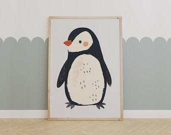 Cute Penguin Nursery Print, Arctic Animal Wall Art for Kids Room, Minimal Baby Penguin Decor