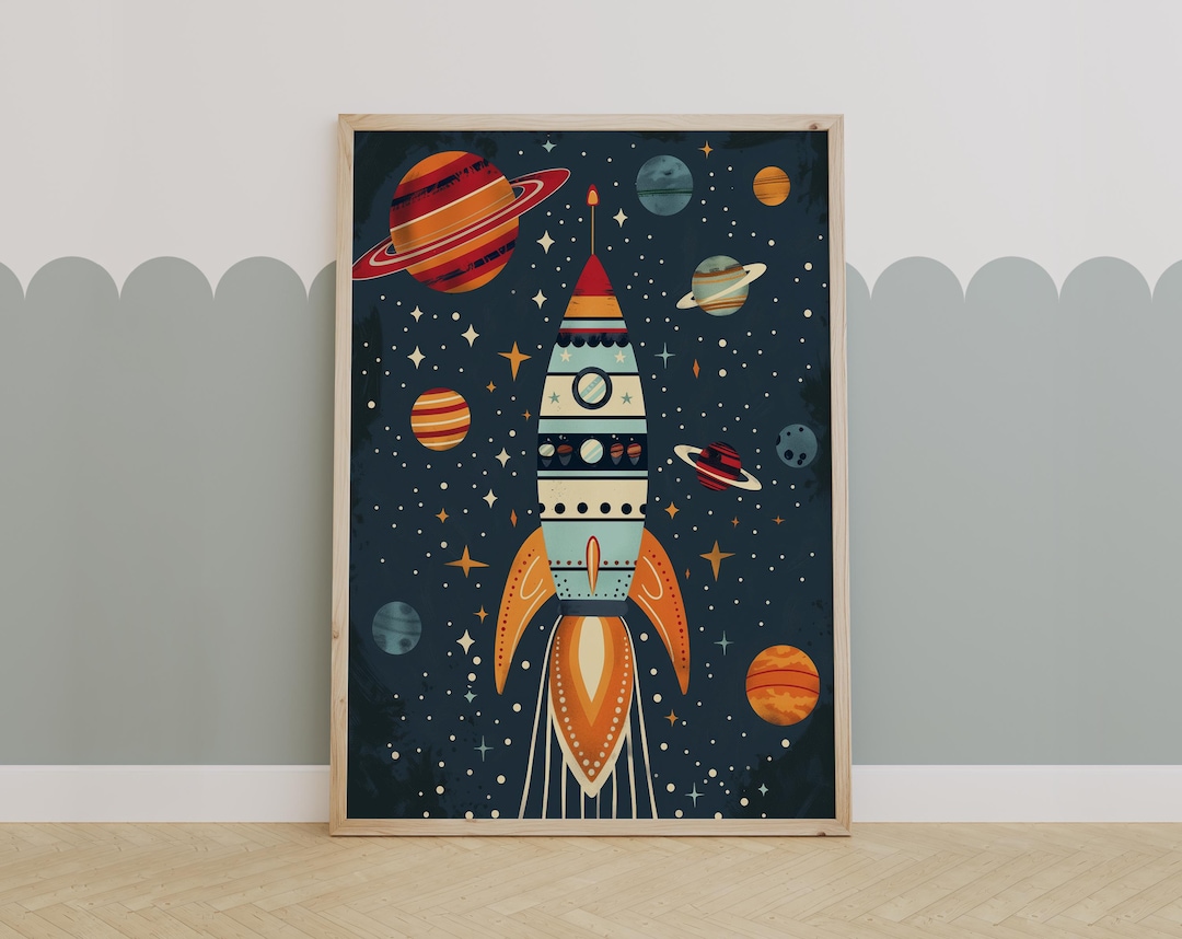 Retro Rocket Ship Wall Art for Kids Room | Space Nursery Decor ...