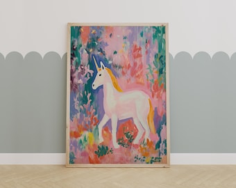 Whimsical Unicorn in Enchanted Forest – Colorful Nursery Wall Art