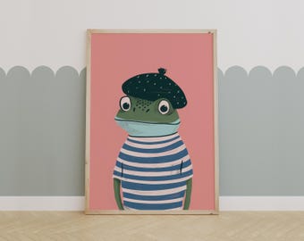 May include: A green frog wearing a blue and white striped shirt and a black beret on a pink background.