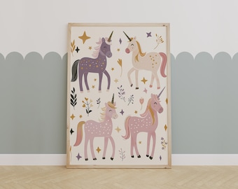 Impression d'art floral licorne pour chambre d'enfant, décoration murale magique pour chambre de fille, affiche pastel licorne fantaisiste pour chambre de bébé ou de tout-petit
