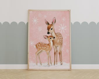 Woodland Deer Winter Print for Kids Room Decor