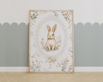 Floral Bunny Nursery Print – Vintage Rabbit Wall Art for Kids Room Decor