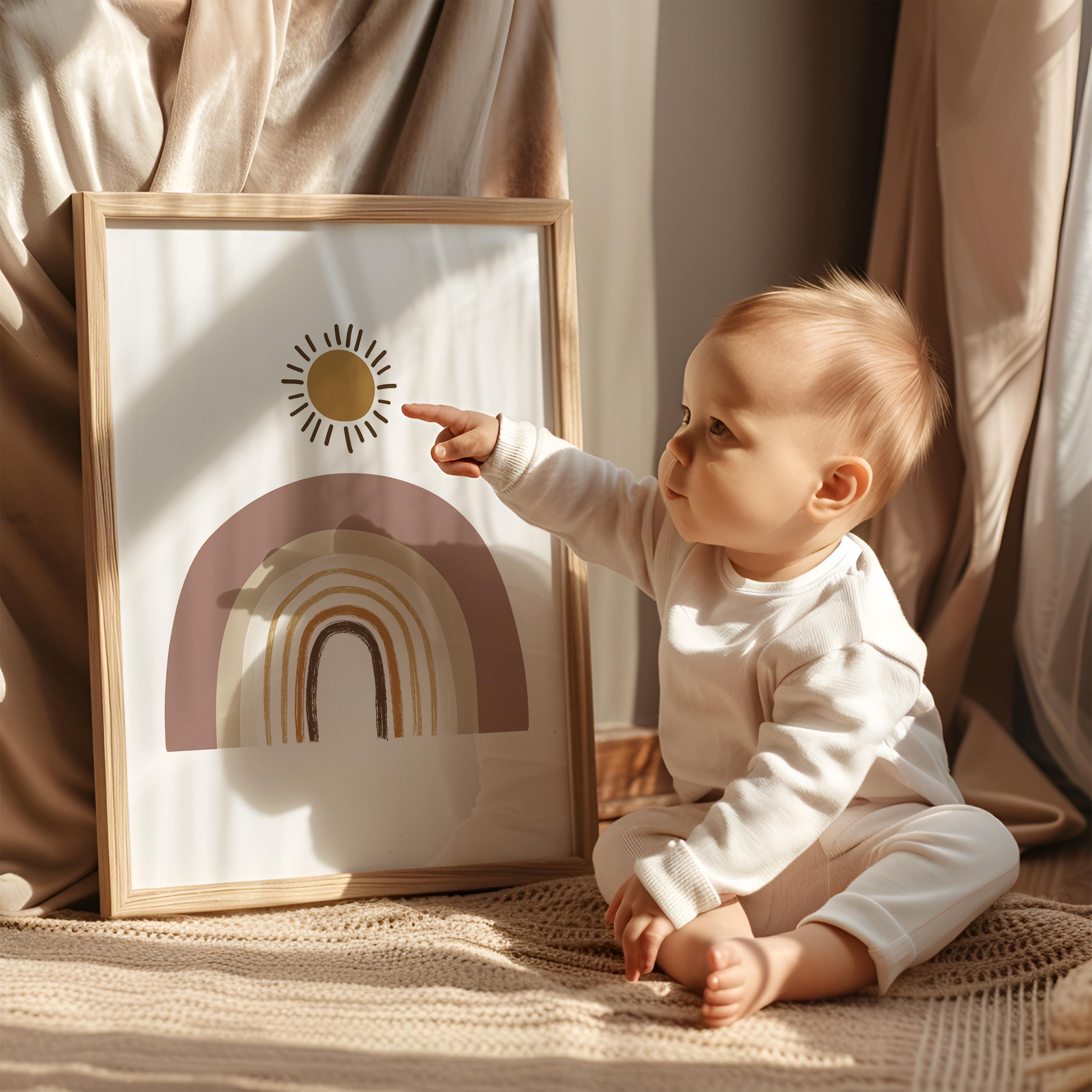 Boho Rainbow Nursery Art With Sun, Neutral Wall Print for Baby Room ...