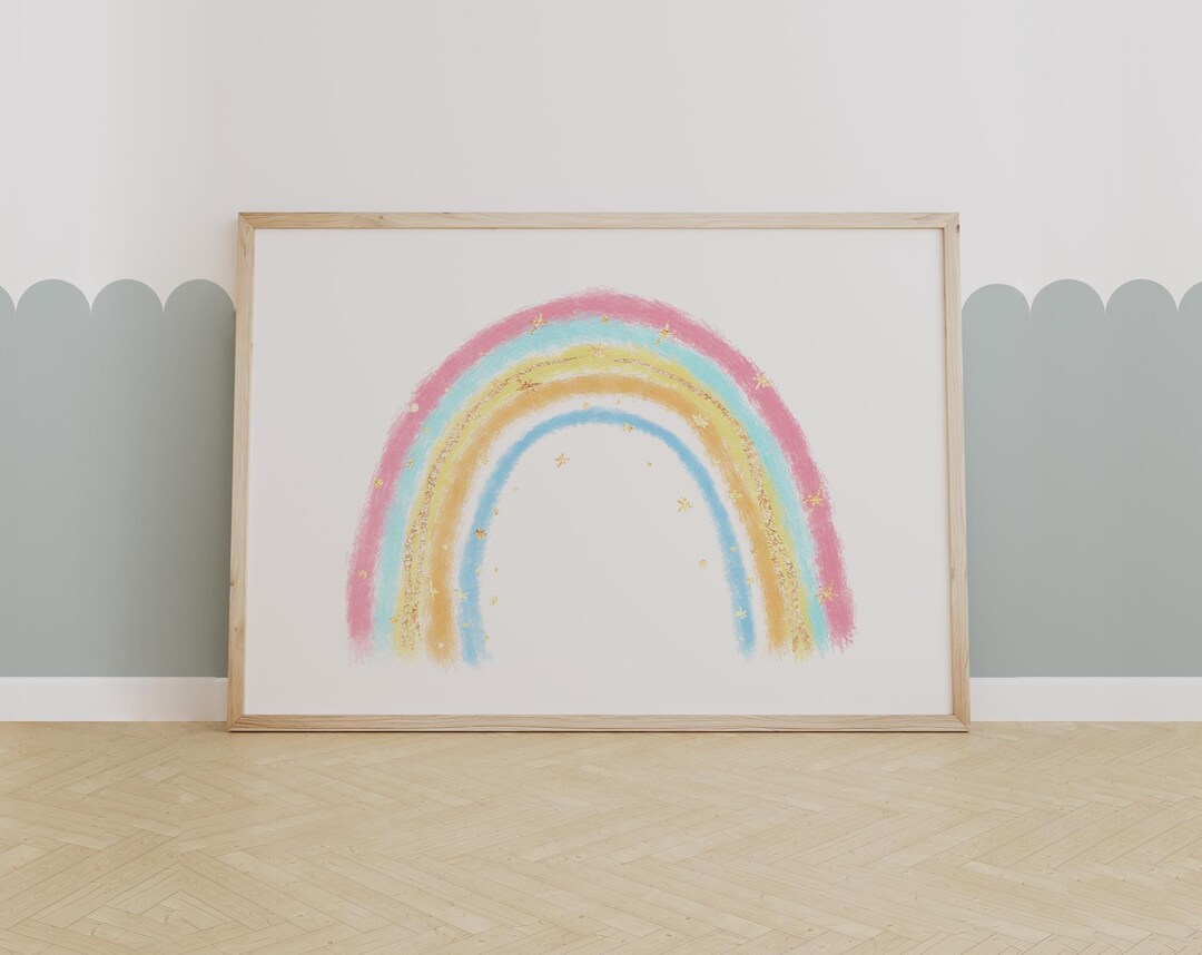 Pastel Rainbow Nursery Wall Art, Whimsical Watercolor Print With Gold ...