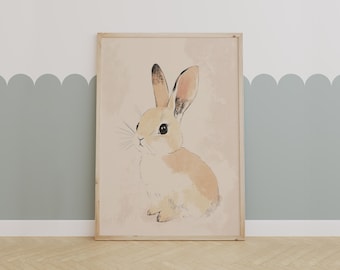 Woodland Bunny Nursery Wall Art – Soft Neutral Baby Rabbit Print for Animal-Themed Kids Room Decor