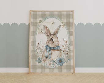 Vintage Bunny Nursery Art, Floral Rabbit Print for Kids Room Decor