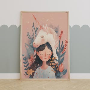 Unicorn and Girl Nursery Art, Magical Dreamy Wall Print for Kids Room, Pastel Fantasy Illustration