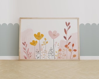 Minimal Floral Wall Art – Modern Botanical Nursery Print, Scandinavian Flower Poster, Soft Pink & Yellow Decor