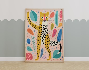 Colorful Leopard Kids Room Art Print – Jungle Animal Nursery Decor