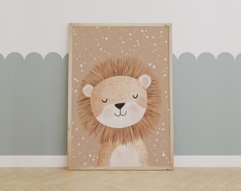 Neutral Safari Lion Nursery Wall Art – Cute Jungle Animal Print for Baby and Kids Room Decor