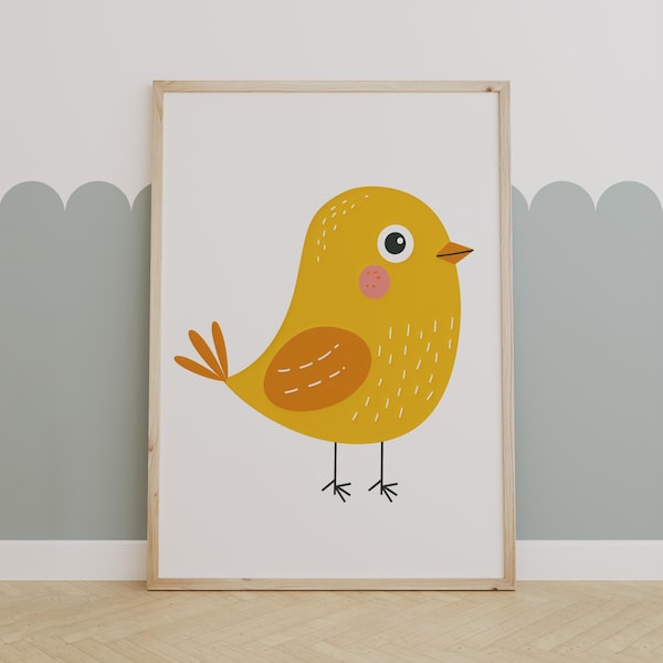 Lámina de pájaro amarillo para guardería, bonito arte de pared de pájaro para habitación de bebé, decoración de sala de juegos