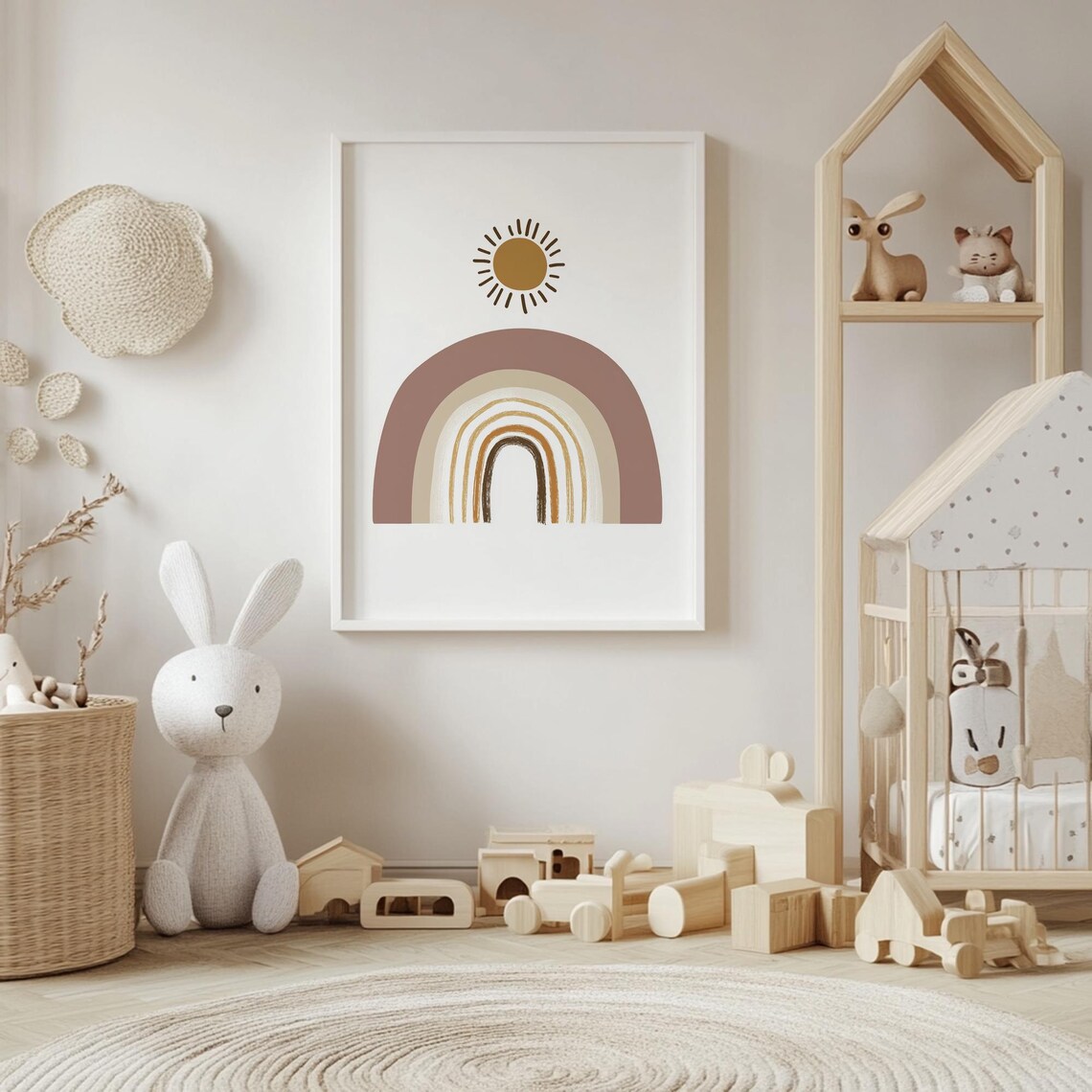 Boho Rainbow Nursery Art With Sun, Neutral Wall Print for Baby Room ...