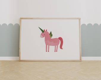 Impression d'art mural licorne rose - décoration de chambre d'enfant magique mignonne, illustration de licorne de chambre d'enfants, oeuvre d'art animal fantaisiste, affiche de créature fantastique
