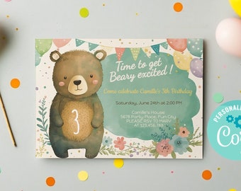 Cute Bear Birthday Invitation - Editable Printable Template Instant Download Digital Corjl 0004