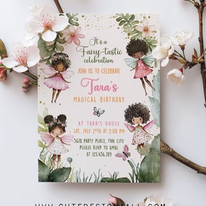 Schattige zwarte feeën uitnodigingskaart - Fairy Folk vlinder groen roze Instant Download afdrukbare sjabloon digitale 5 "x 7" DIY 0049