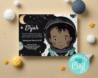 Invitación de cumpleaños espacial de astronauta de niño negro lindo - Plantilla imprimible editable Descarga instantánea Corjl digital 0005