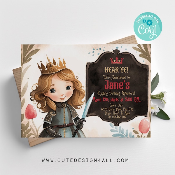 Editable Birthday Invitation Cute Blond Girl Knight Invite Theme Instant Download Printable Template Digital Corjl 0042