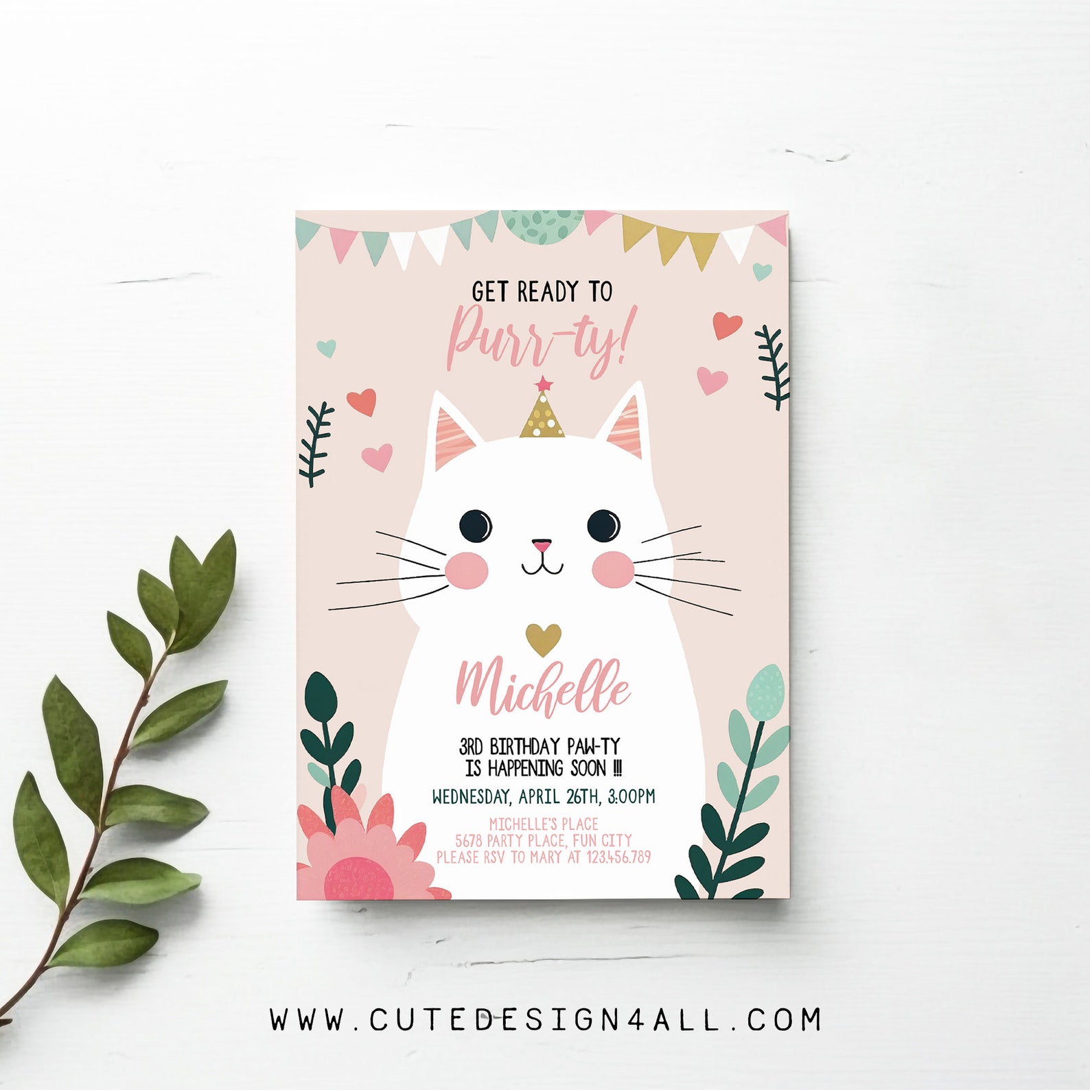Editable Cute Kitten Cat Birthday Invitation Invite Pink and White ...