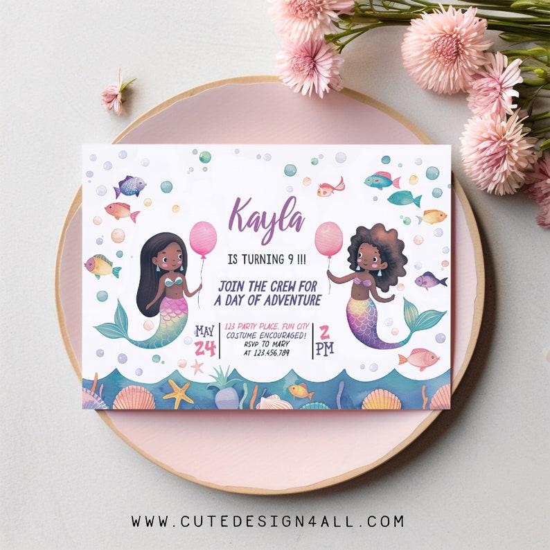 Cute Black Mermaid Birthday Invitation Editable Printable Template ...