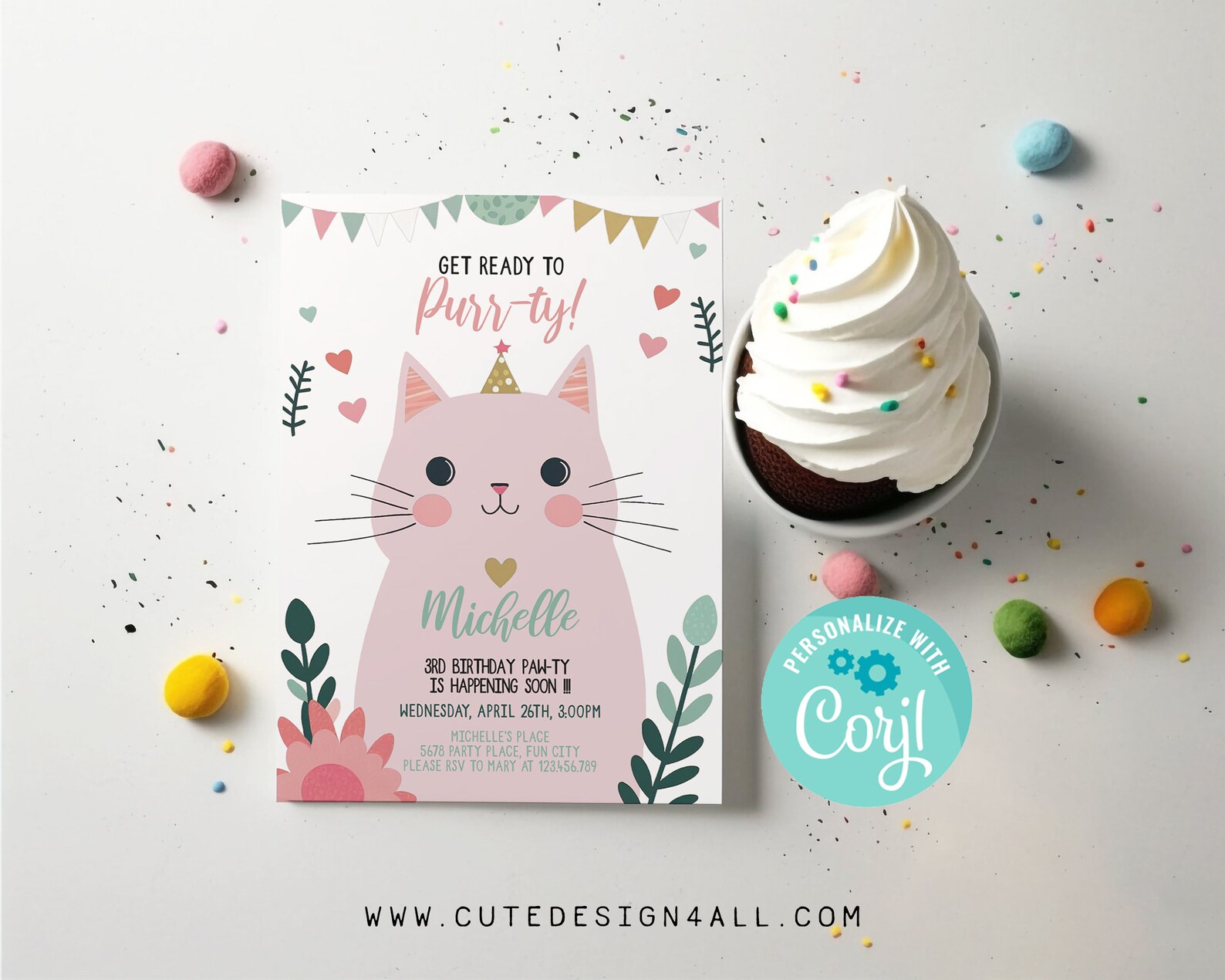 Editable Cute Kitten Cat Birthday Invitation Invite Pink and White