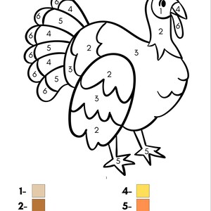 May include: A black and white line drawing of a turkey, designed for a color-by-number activity. The image includes numbered sections and a color key with shades of brown, yellow, and red. The text "@rainydayslearning" is in the bottom right corner.