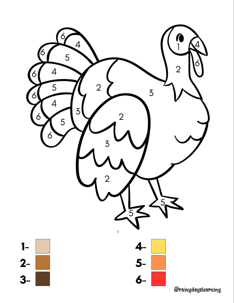 May include: A black and white line drawing of a turkey, designed for a color-by-number activity. The image includes numbered sections and a color key with shades of brown, yellow, and red. The text "@rainydayslearning" is in the bottom right corner.
