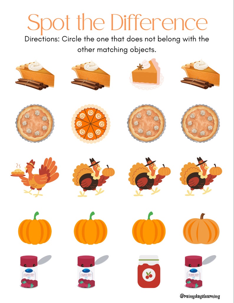 May include: A worksheet titled "Spot the Difference" with illustrations of pumpkin pie, whole pies, turkeys, pumpkins, and cranberry sauce. The directions ask to circle the object that does not belong. The text "@rainydayslearning" is at the bottom.