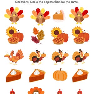 May include: A worksheet with the text "Spot the Similarities" and "Directions: Circle the objects that are the same." Features illustrations of turkeys, pumpkin pie, pumpkins, and sunflowers. The worksheet is designed for educational purposes.