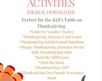 Thanksgiving Kids Activities Packet: Games, Placemat, Scavenger Hunt (Digital Download)