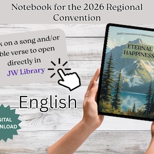May include: Digital download notebook for the 2026 Regional Convention. The tablet displays "Eternal Happiness" with a mountain and lake scene. Includes a digital download badge and instructions to open songs and Bible verses directly in JW Library.