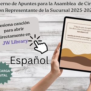 Może przedstawiać: Cyfrowe pobieranie w języku hiszpańskim na Zgromadzenie Obwodowe z Przedstawicielem Oddziału 2025-2026. Obraz przedstawia tablet z tekstem i przyciskiem do otwierania bezpośrednio w JW Library. Tekst na tablecie brzmi: "Słuchajcie, co Duch mówi do zborów".