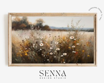 Marco para TV Samsung con diseño de campo de flores silvestres, prado de flores, pintura vintage, descarga digital