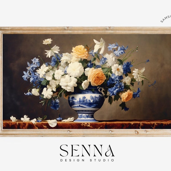 Samsung Frame TV Art | Vintage Flower Still Life | Botanical Art | Farmhouse Antique Art | Blue and White Vase Floral Art | Digital Download