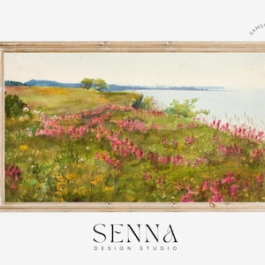 Samsung Frame TV Art Spring | Pink Wildflower Field Coastal Art | Flower Meadow | Vintage Painting | Digital Download
