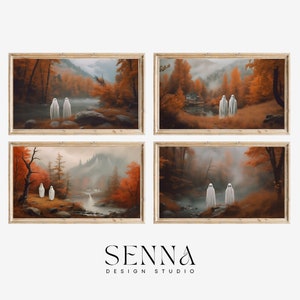 Samsung Frame TV Art Set 4 | Halloween Frame TV Art | Ghost Art |  Halloween Ghost Decor | Neutral Halloween | Fall Art | Vintage Landscape
