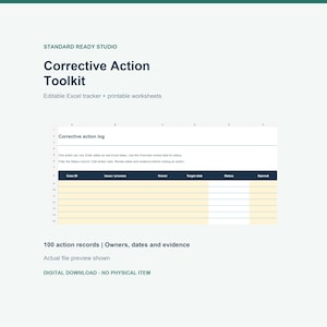 Könnte beinhalten: Standard Ready Studio Corrective Action Toolkit mit bearbeitbarem Excel-Tracker und druckbaren Arbeitsblättern. Die Tabelle zeigt ein Corrective action log mit Spalten für Case ID, Issue/process, Owner, Target date, Status und Opened.