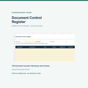 Document Control Register Excel Template, Revision and Approval Tracker, Review Due Log, Quality Management Spreadsheet