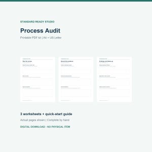 Werkbladen voor interne procesaudits (pdf), formulieren voor bewijsmateriaal en bevindingen van het auditplan, afdrukbare kwaliteitssjablonen (A4 en Letter).