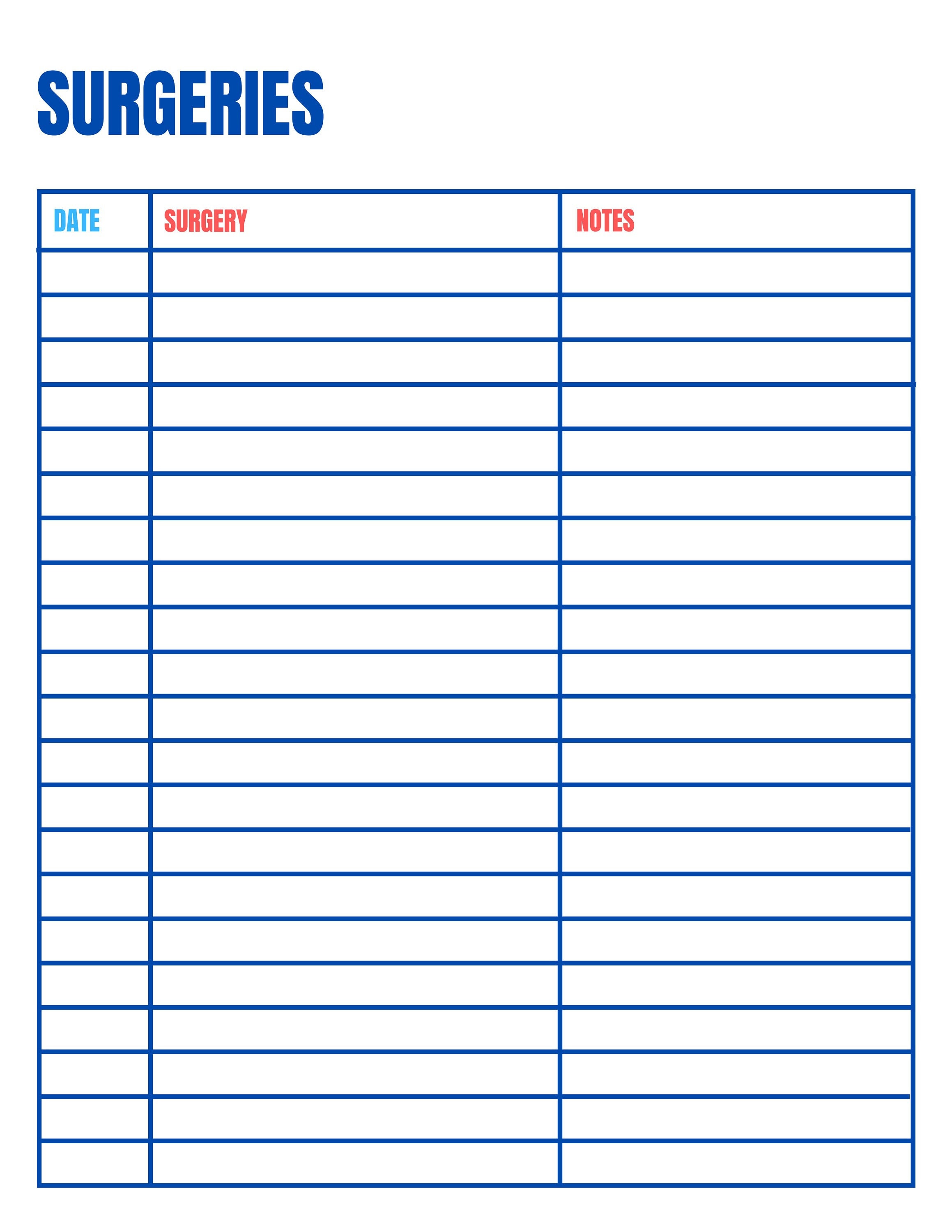 Surgery Medical Health Tracker Chart Template High Quality Print PDF Etsy
