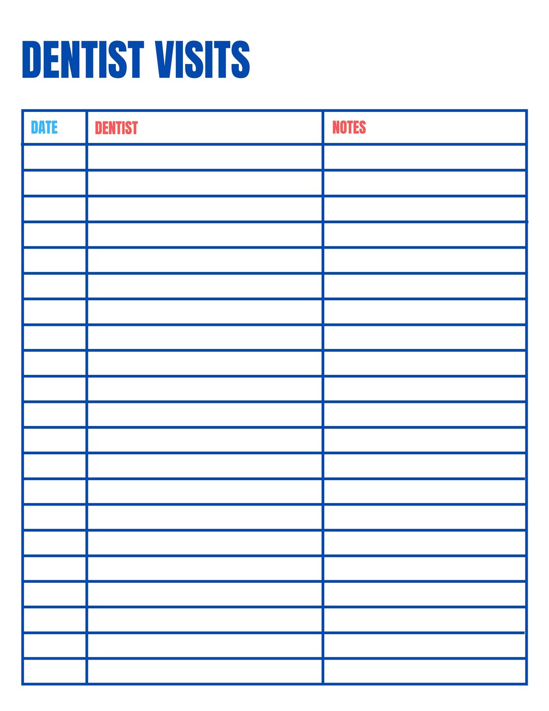 Visit Tracker Chart Dentist Visit Log - Dentist Visit Chart - Health Tracker - Medical ...