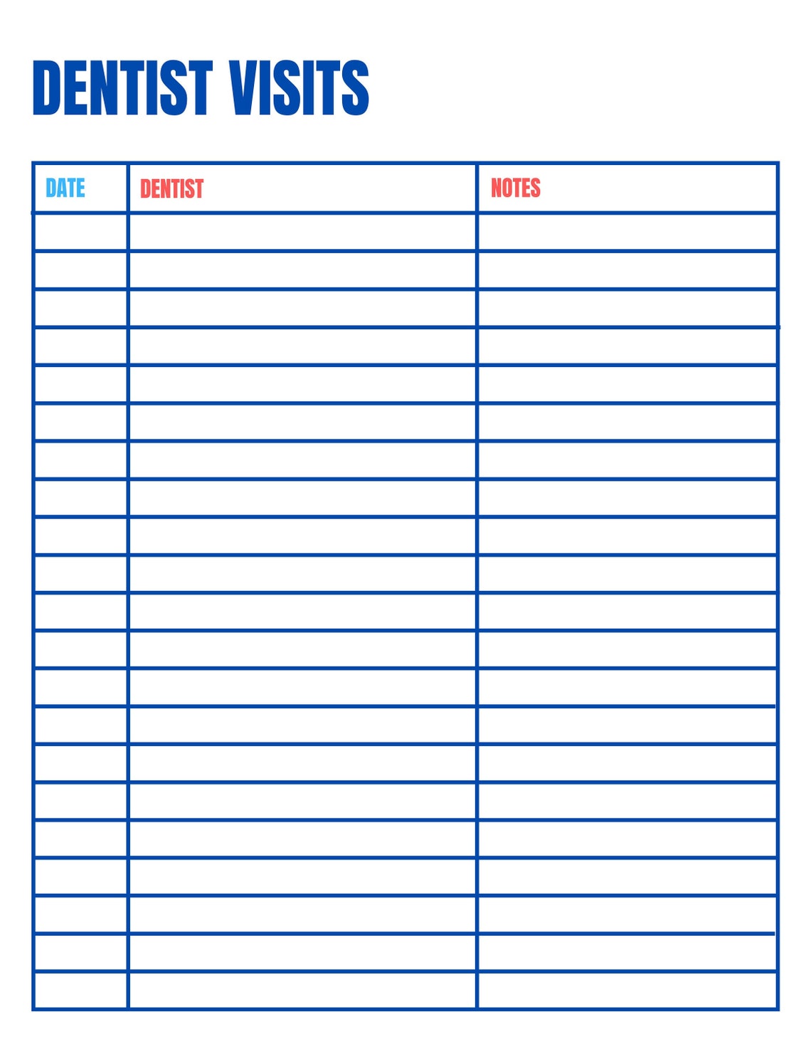 Dentist Visit Log - Dentist Visit Chart - Health Tracker - Medical ...