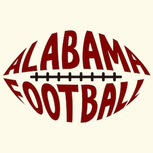 Könnte beinhalten: Eine rote und weiße Football-Grafik mit den Worten "Alabama Football", die die Form eines Fußballs bilden.
