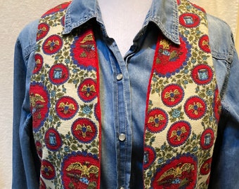 Repurposed vintage curtain upcycled into a reversible vest w/ red corduroy lining. Handmade OOAK. S M women. Grannycore Cottage boho