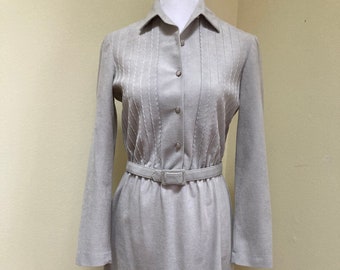 1970s Connections label gray faux suede belted dress. Union tag USA made. Vintage size 7/8 Small. Decorative bodice tucks. Long sleeves