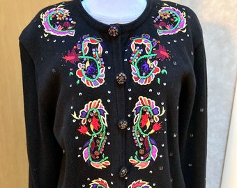 1990s vintage embellished Jack B Quick embroidered & beaded cardigan sweater w sequins and faux gems. Ramie Cotton blend. Size XL